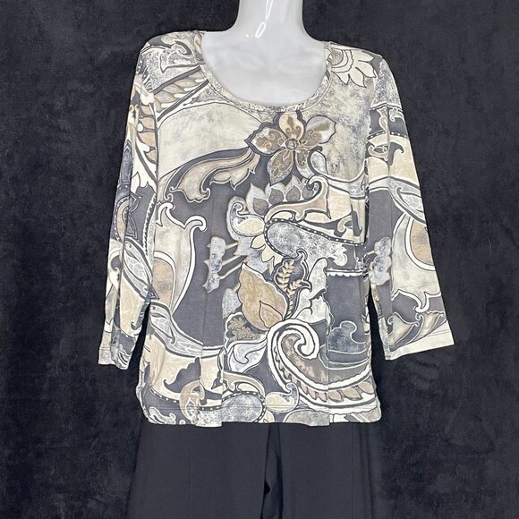 Top Story Stretch Tee Scoop Neck Muted Grey Taupe Beige Large Floral Print - Picture 1 of 8